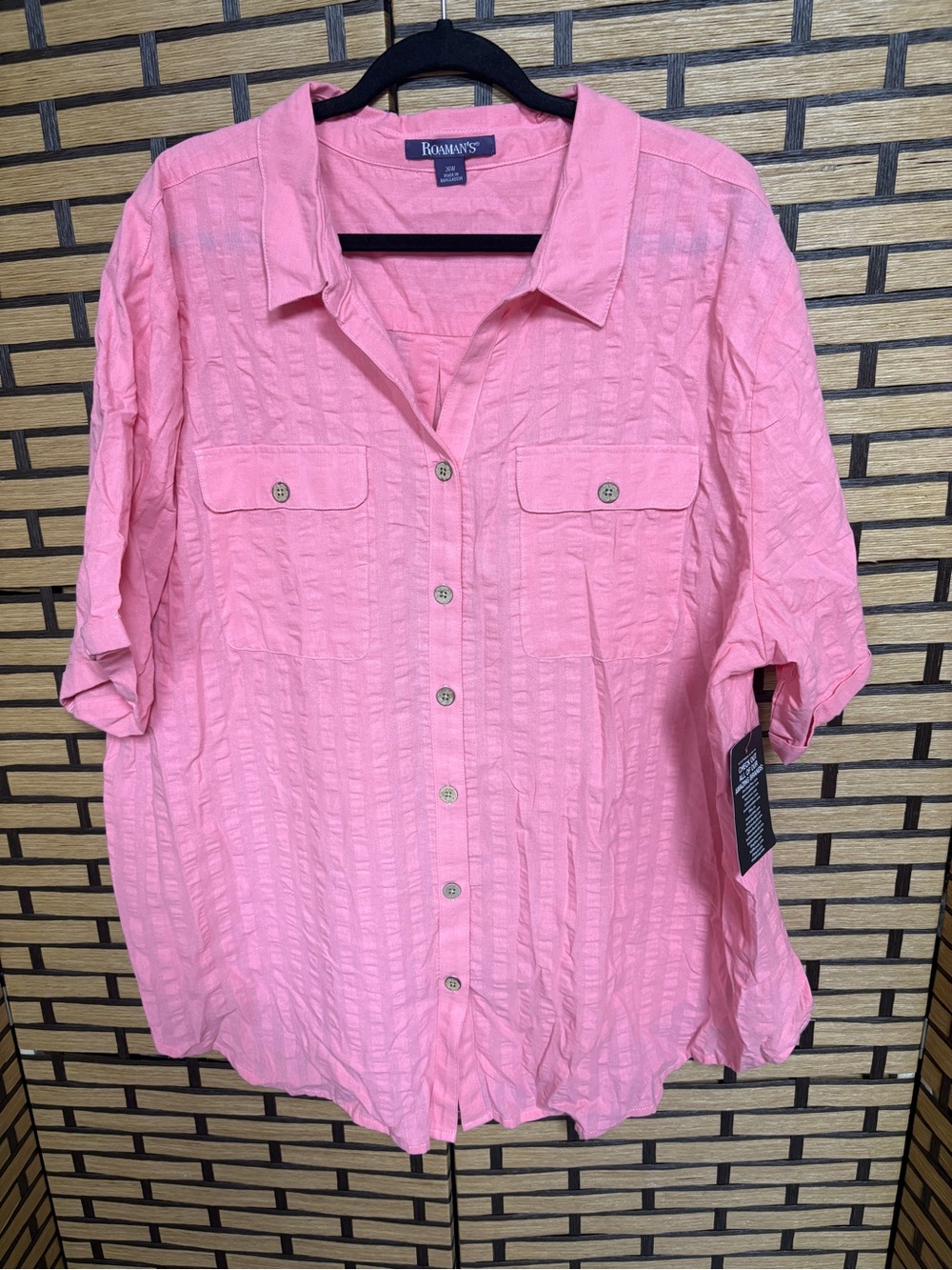 Woman within coral button down short sleeve shirt size 26W
